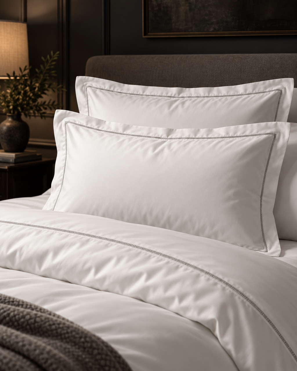 White bedding set with matching pillowcases and duvet cover, styled on a bed in a dark, elegant bedroom setting.