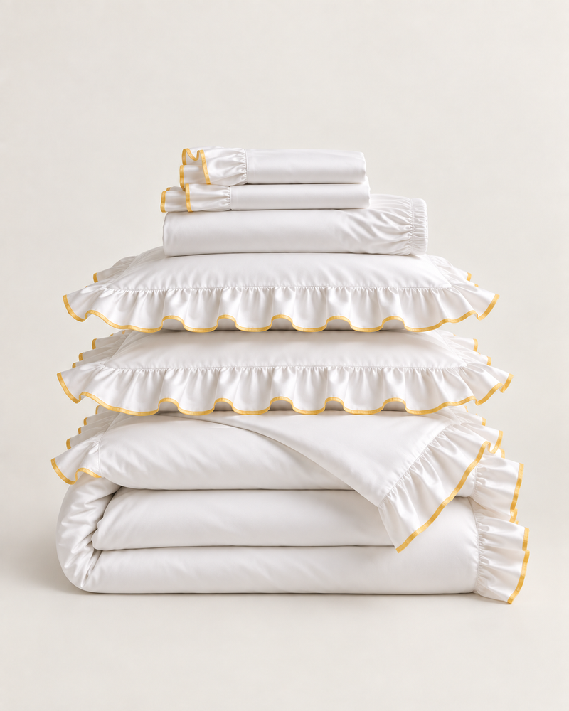 Sukun Provence move-in bundle set, white cotton sateen bedding with a butter yellow frill