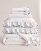 Sukun Provence move-in bundle set, white cotton sateen bedding with a baby blue frill