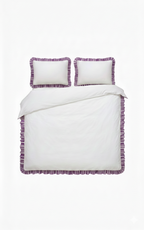 White duvet set with purple trim on a white background
