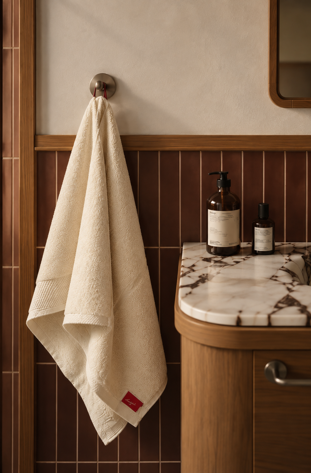 bathroom with towels - sukun cream and red 
