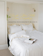 Sukun Provence pillowcase pair, white cotton sateen with a butter yellow frill trim, styled as a Mother's Day gift